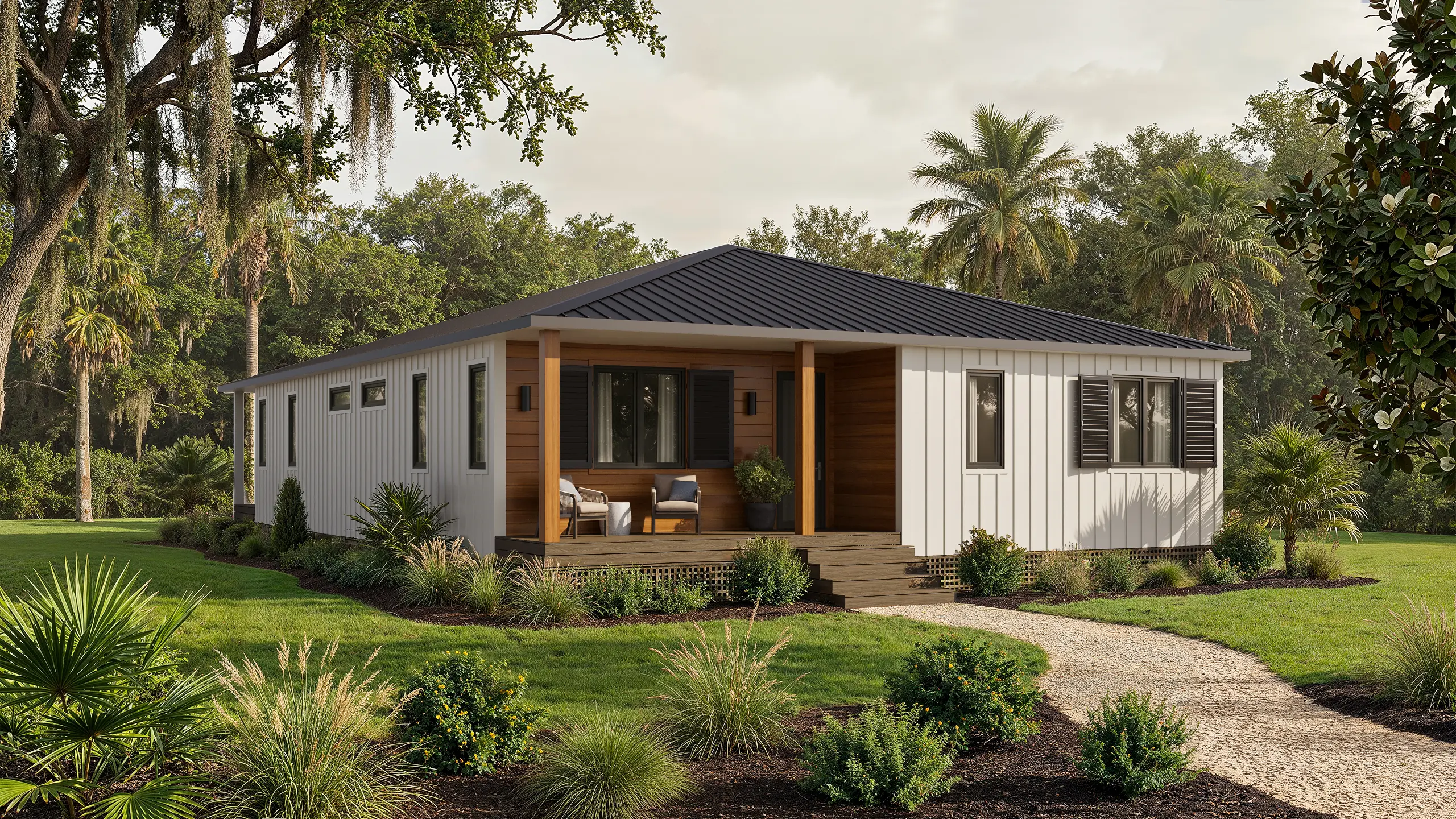 Lumee Homes steel-frame panelized home exterior, Southern landscape, late-afternoon light