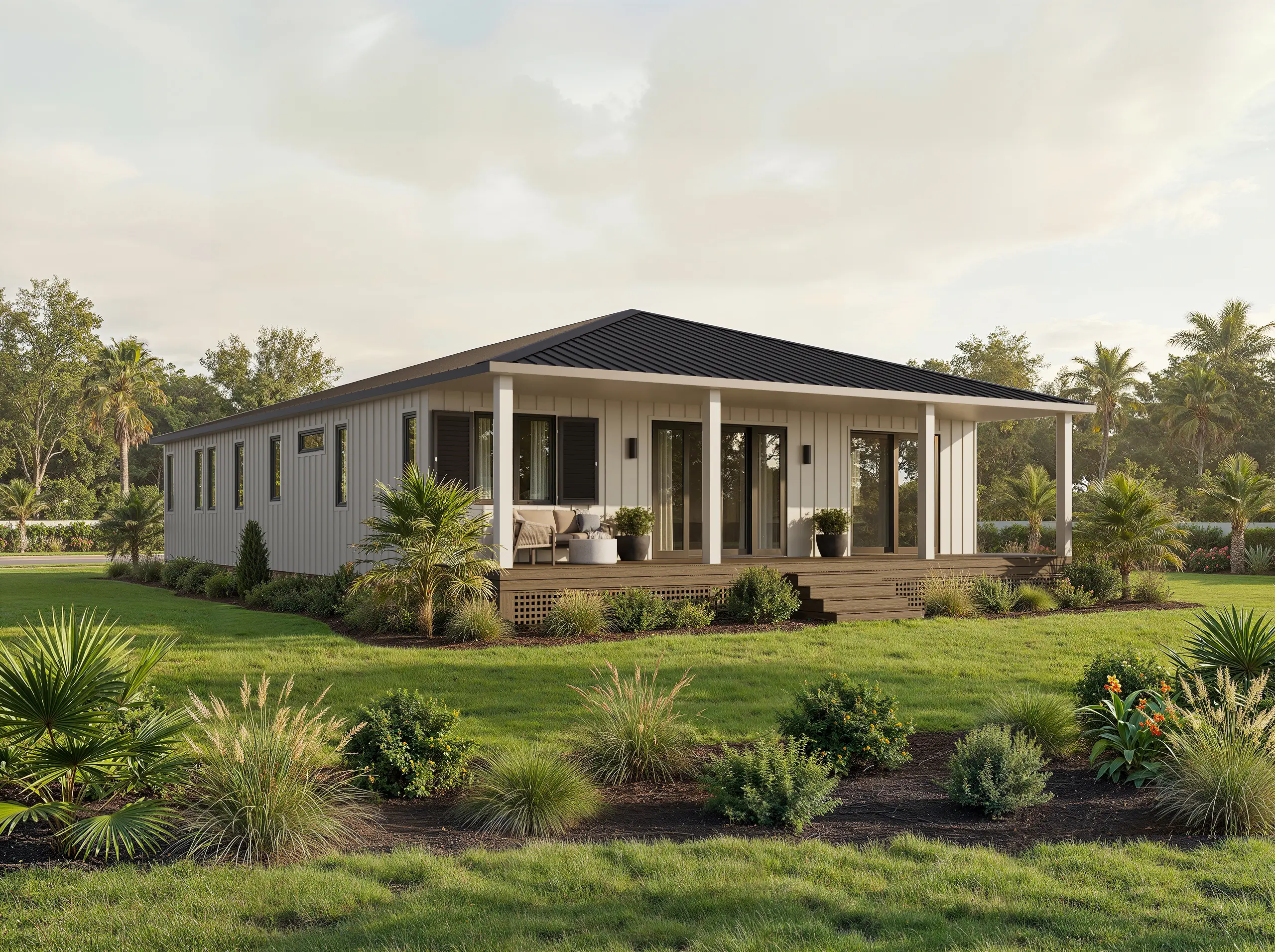 Model One rear exterior render with covered porch